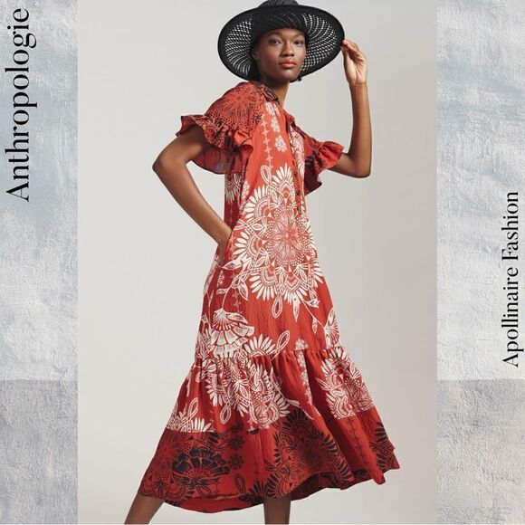 ANTHROPOLOGIE RUFFLED SLEEVES MAXI DRESS SMALL IN CRIMSON NWOT - Picture 1 of 7